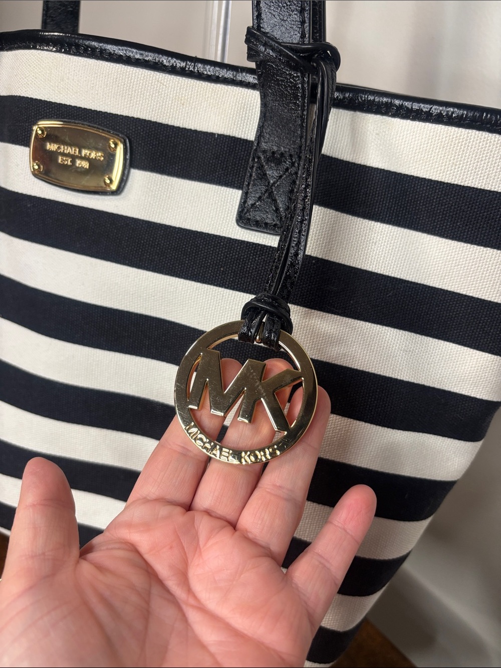 Michael Kors Black and White Striped Canvas Tote with Silver MK Charm - Picture 4 of 16